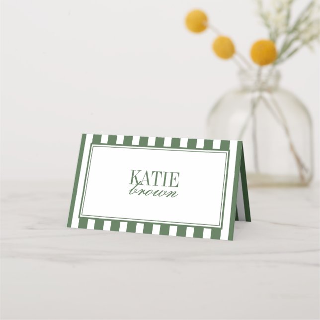 Minimalistic Script Striped Olive Green Wedding Place Card (Front)