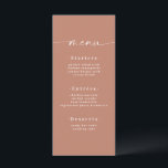 Minimalistic Solid Colour Clay Terracotta Wedding Menu<br><div class="desc">Simple Minimalistic Solid Colour Clay Terracotta Wedding Dinner Menu. This modern chic Menu Card is simple classic and elegant with a plain solid colour background and a pretty signature script calligraphy font with tails. Shown in the Clay Terracotta Colorway. With a pretty monogram on the back side. Available in several...</div>