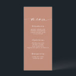 Minimalistic Solid Colour Clay Terracotta Wedding Menu<br><div class="desc">Simple Minimalistic Solid Colour Clay Terracotta Wedding Dinner Menu. This modern chic Menu Card is simple classic and elegant with a plain solid colour background and a pretty signature script calligraphy font with tails. Shown in the Clay Terracotta Colorway. With a pretty monogram on the back side. Available in several...</div>