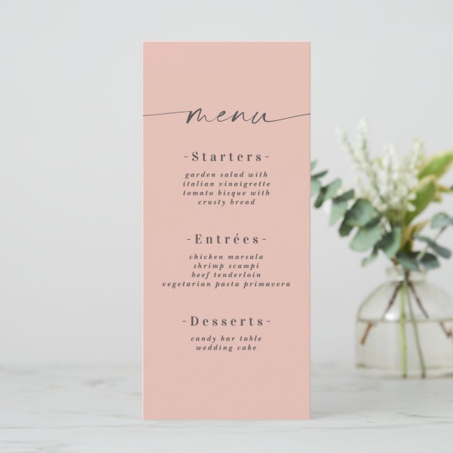 Minimalistic Solid Colour Light Blush Pink Wedding Menu (Standing Front)