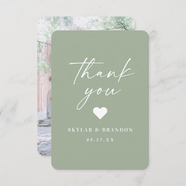 Minimalistic Solid Colour Spring Leaf Green Weddin Thank You Card (Front/Back)