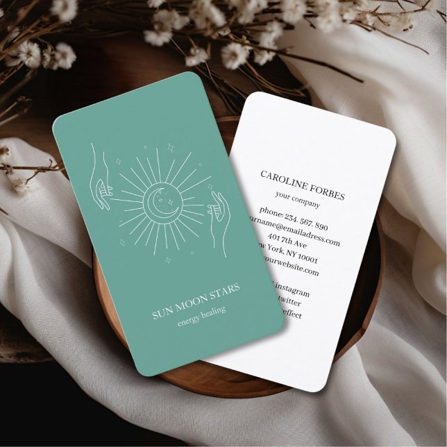 Minimalistic sun moon star Business card (Minimalistic sun moon star green-blue Business card)