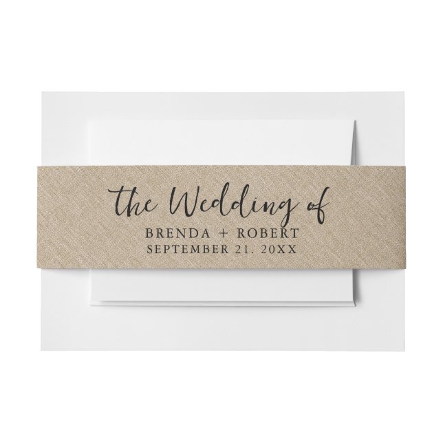 Minimalistic Tan Linen Texture Black Script  Invitation Belly Band (Front Example)
