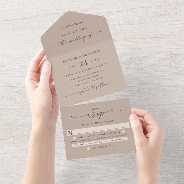 Minimalistic Taupe Sand Beige Solid Colour Wedding All In One Invitation (Tearaway)
