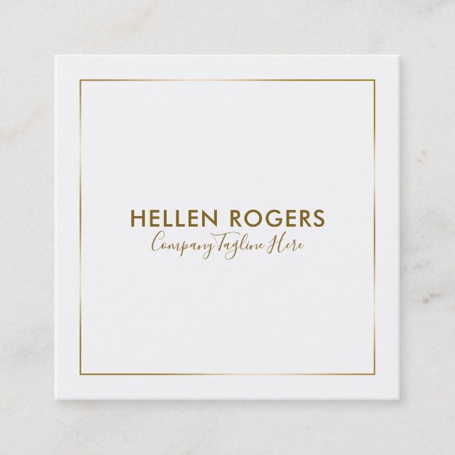 Minimalistic tin gold border square business card (Front)