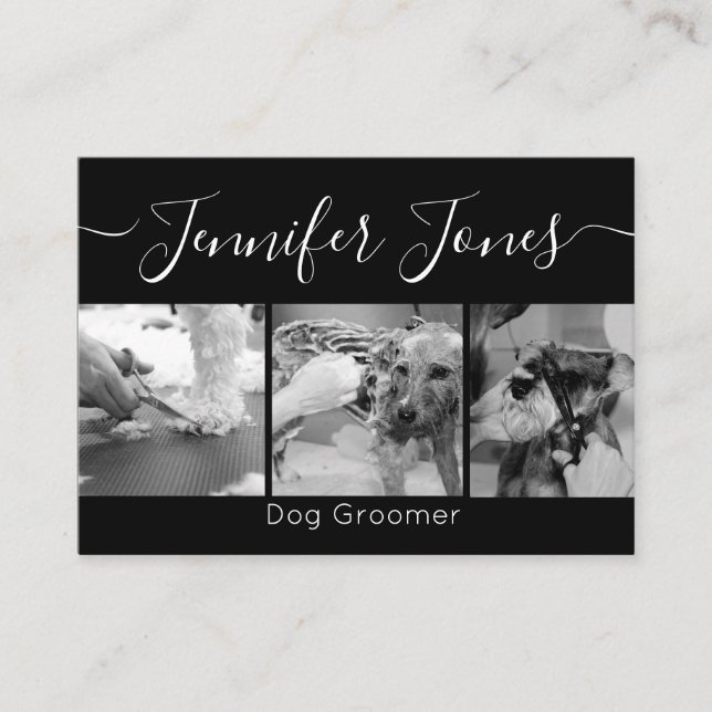 Minimalistic Trendy Black and White Dog Grooming  Business Card (Front)