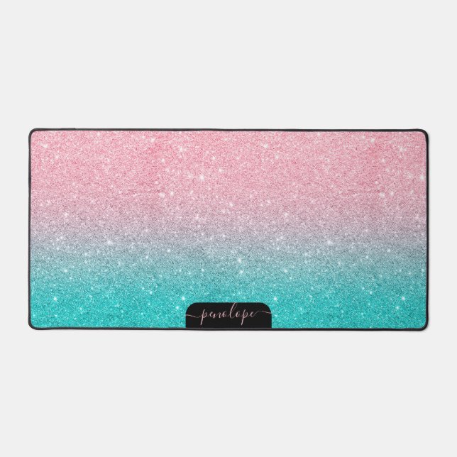 Minimalistic turquoise and pink glitter gradient desk mat (Front)