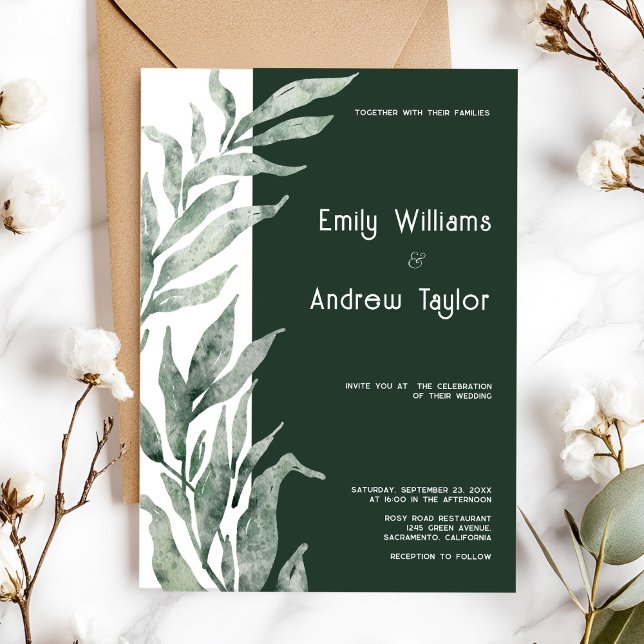 Minimalistic watercolor green wedding invitation  (Elegant minimalistic watercolor eucalyptus green invitation, perfect for weddings)