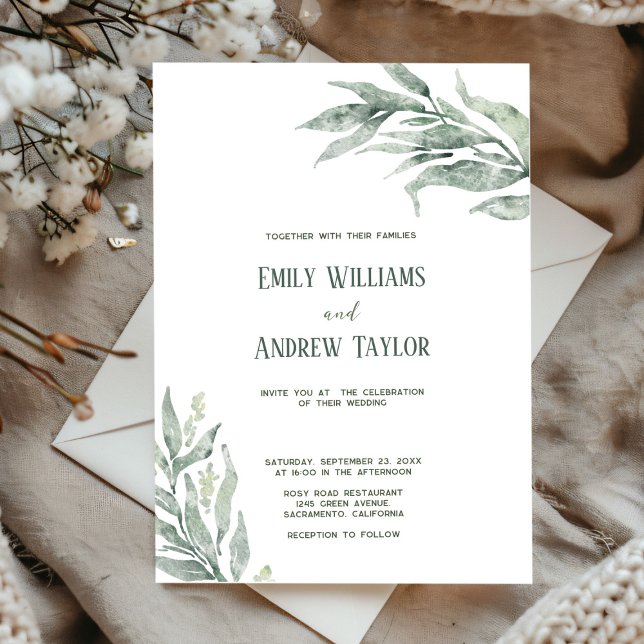 Minimalistic watercolor green wedding invitation  (Elegant minimalistic watercolor green invitation, perfect for weddings or baby showers)
