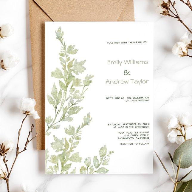 Minimalistic watercolor green wedding invitation  (Elegant minimalistic watercolor green invitation, perfect for weddings or baby showers)