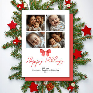 Minimalistic Watercolor Red Ribbon Family Photos  Holiday Card