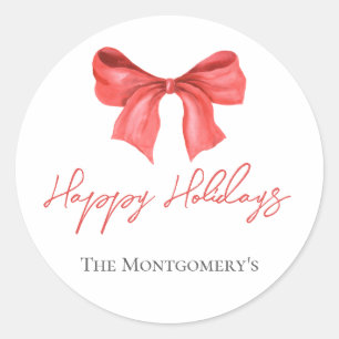 Minimalistic Watercolor Red Ribbon Happy Holidays Classic Round Sticker