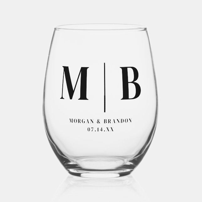 Minimalistic Wedding Couple Names Monogram Stemless Wine Glass (Front)