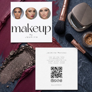 Minimalistic White 3 Photo MUA QR Code Socials Square Business Card