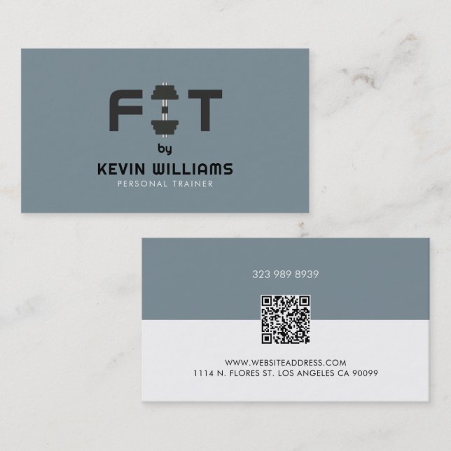 Minimalistic White and Blue-grey Fitness Trainer Business Card (Front/Back)