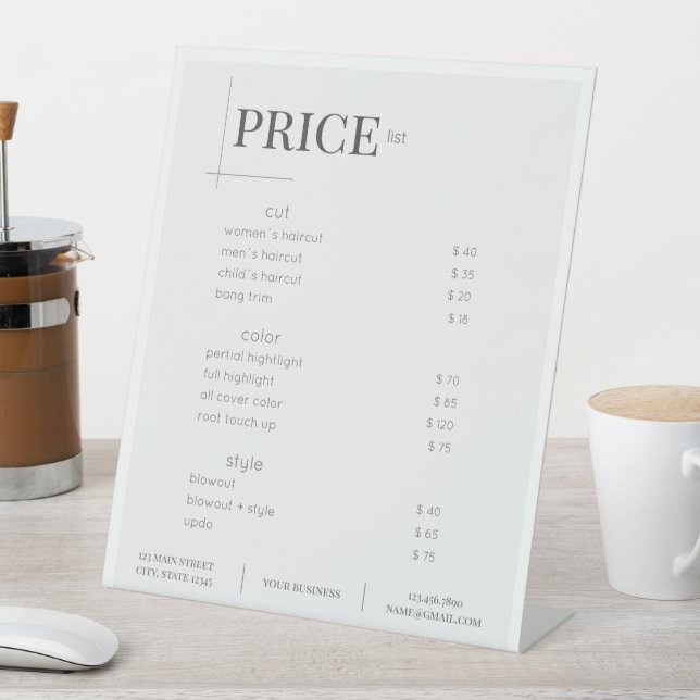 Minimalistic White Beauty Salon Price List Pedestal Sign (In SItu)