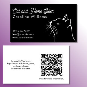 Minimalistic White Black  Cat Illustration QR code Business Card