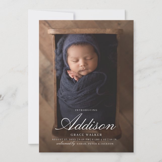 Minimalistic White Calligraphy 6 Photos Birth Announcement (Front)