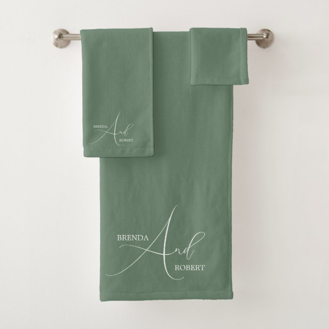 Minimalistic White Calligraphy on Sage Green Bath Towel Set (Insitu)