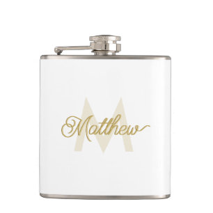 Minimalistic White Gold Add Name and Monogram Mens Hip Flask