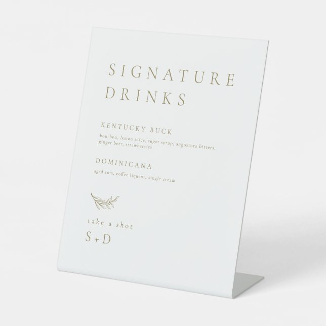 Minimalistic White Gold Signature Drinks Wedding Pedestal Sign (Front)
