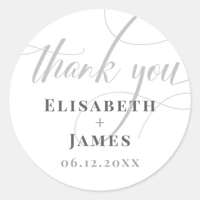 Minimalistic White & Grey Calligraphy Chic Wedding Classic Round Sticker (Front)