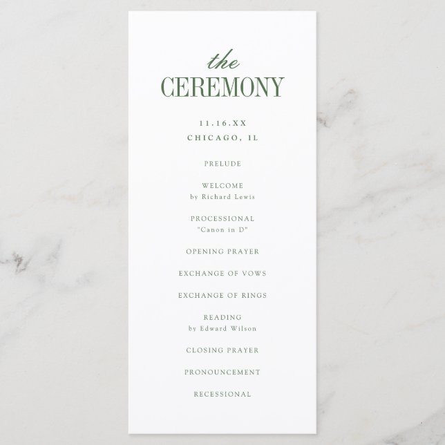 Minimalistic White & Olive Green Wedding Ceremony Programme (Front)