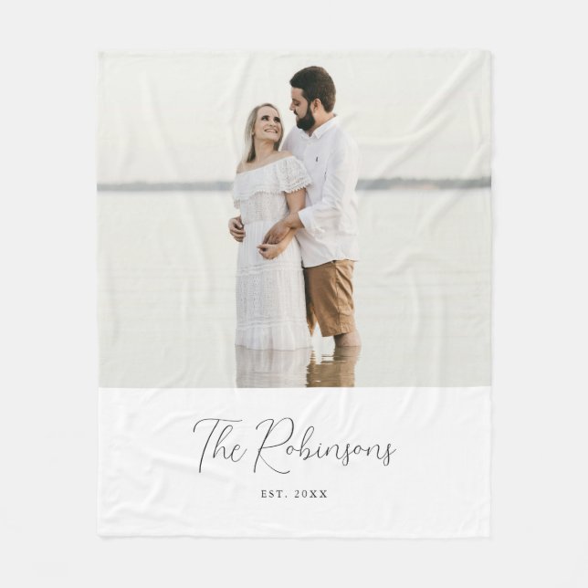 Minimalistic White Script Custom Couple Photo Fleece Blanket (Front)