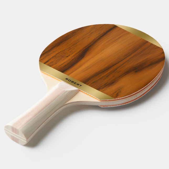 Minimalistic Wood and Gold Monogram Ping Pong Paddle (Back Angle)