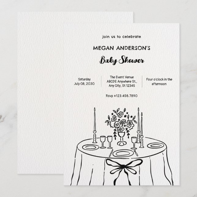 Minimlaist hand drawn dinner table baby shower invitation (Front/Back)