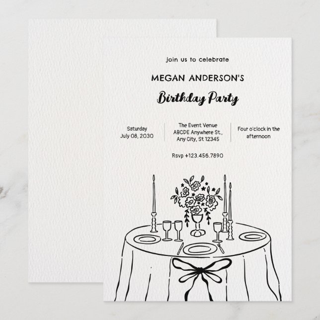 Minimlaist hand drawn dinner table birthday invitation (Front/Back)