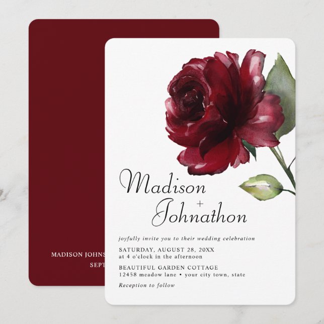 Minimum Watercolor Burgundy Deep Red Rose Wedding Invitation (Front/Back)
