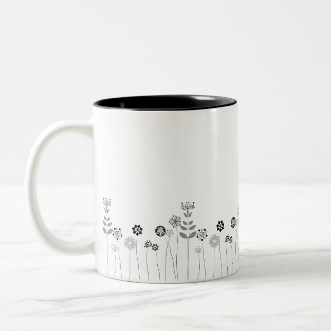 Mininmalist Black And White Floral Pattern Two-Tone Coffee Mug (Left)