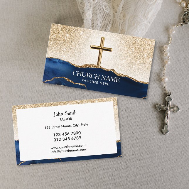Ministry Church Pastor Deacon Bishop Gold Cross Business Card (gold cross with blue agate mountains and glitter gold sky church business cards for deacon, bishop, )