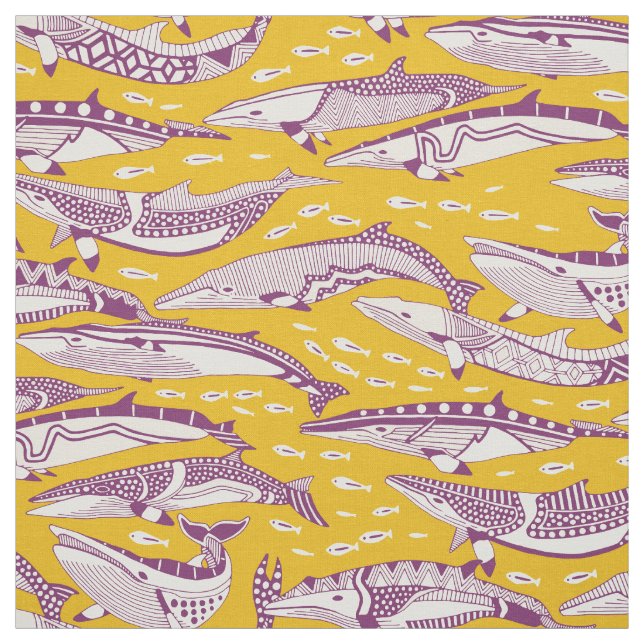 minke whales purple yellow fabric (Swatch)