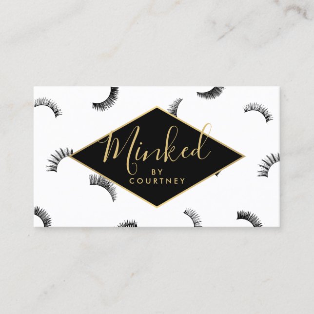 Minked Text Lashes Pattern White/Black/Gold Business Card (Front)