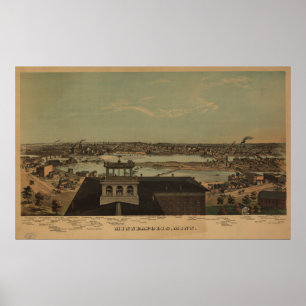 Minneapolis Minnesota 1874 Antique Panoramic Map Poster
