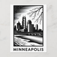 Minneapolis Minnesota Skyline Black White Woodcut