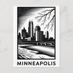Minneapolis Minnesota Skyline Black White Woodcut Holiday Postcard