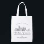 Minneapolis, Minnesota Wedding | Stylized Skyline Reusable Grocery Bag<br><div class="desc">A unique wedding bag for a wedding taking place in the beautiful city of Minneapolis,  Minnesota.  This bag features a stylized illustration of the city's unique skyline with its name underneath.  This is followed by your wedding day information in a matching open lined style.</div>