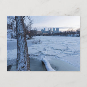 minneapolis skyline and icy mississippi river invitation postcard