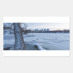 minneapolis skyline and icy mississippi river rectangular sticker