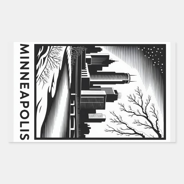 Minneapolis Skyline Black and White Woodcut Winter Rectangular Sticker (Front)