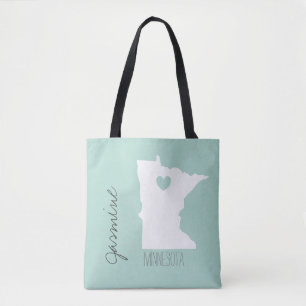 Minnesota map with heart personalize name tote bag