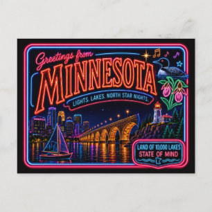 Minnesota Neon State Retro Vintage Postcard