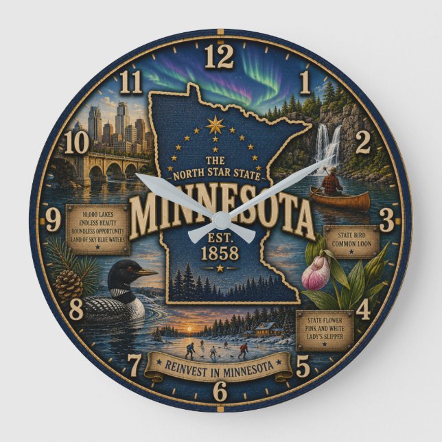 Minnesota State  North Star State Lake Wilderness Large Clock (Front)