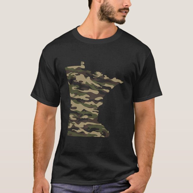 Minnesota State Outline Deer Hunter Camo T-Shirt (Front)