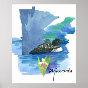 Minnesota State Shape Loon Water Lady Slipper  Poster