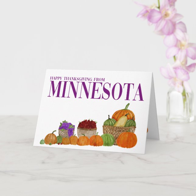 Minnesota Watercolor Pumpkins Thanksgiving Card (Orchid)