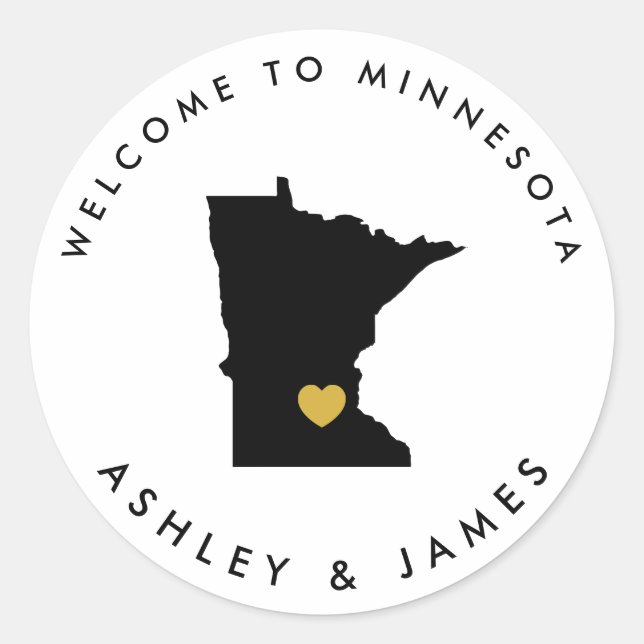 Minnesota Wedding Welcome Sticker Tag, Black, Gold (Front)